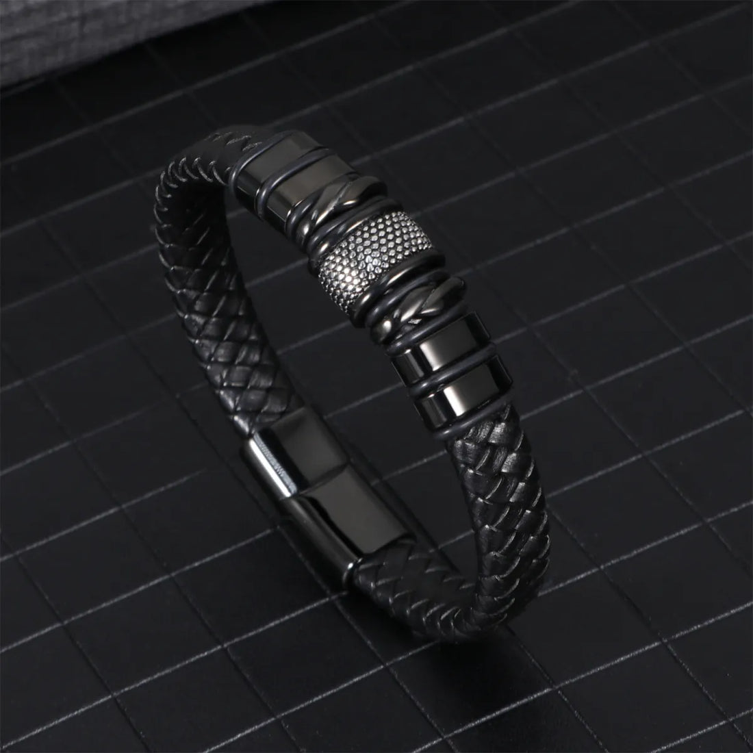 Men's Black Braided Leather Bracelet – Premium Stainless Steel Magnetic Clasp