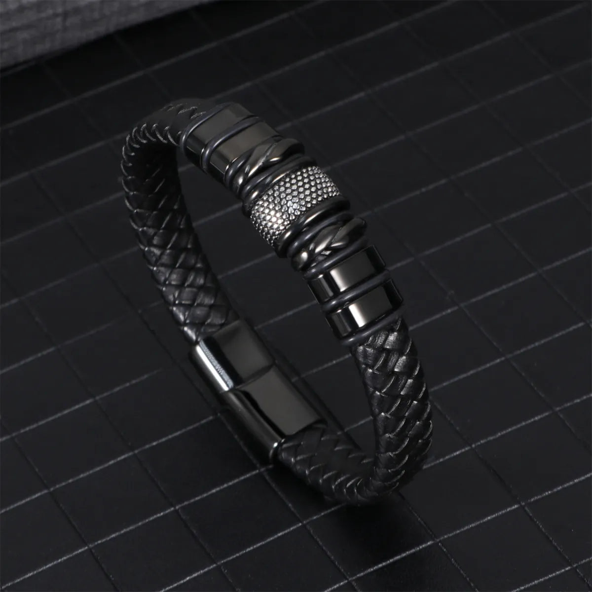Men's Black Braided Leather Bracelet – Premium Stainless Steel Magnetic Clasp