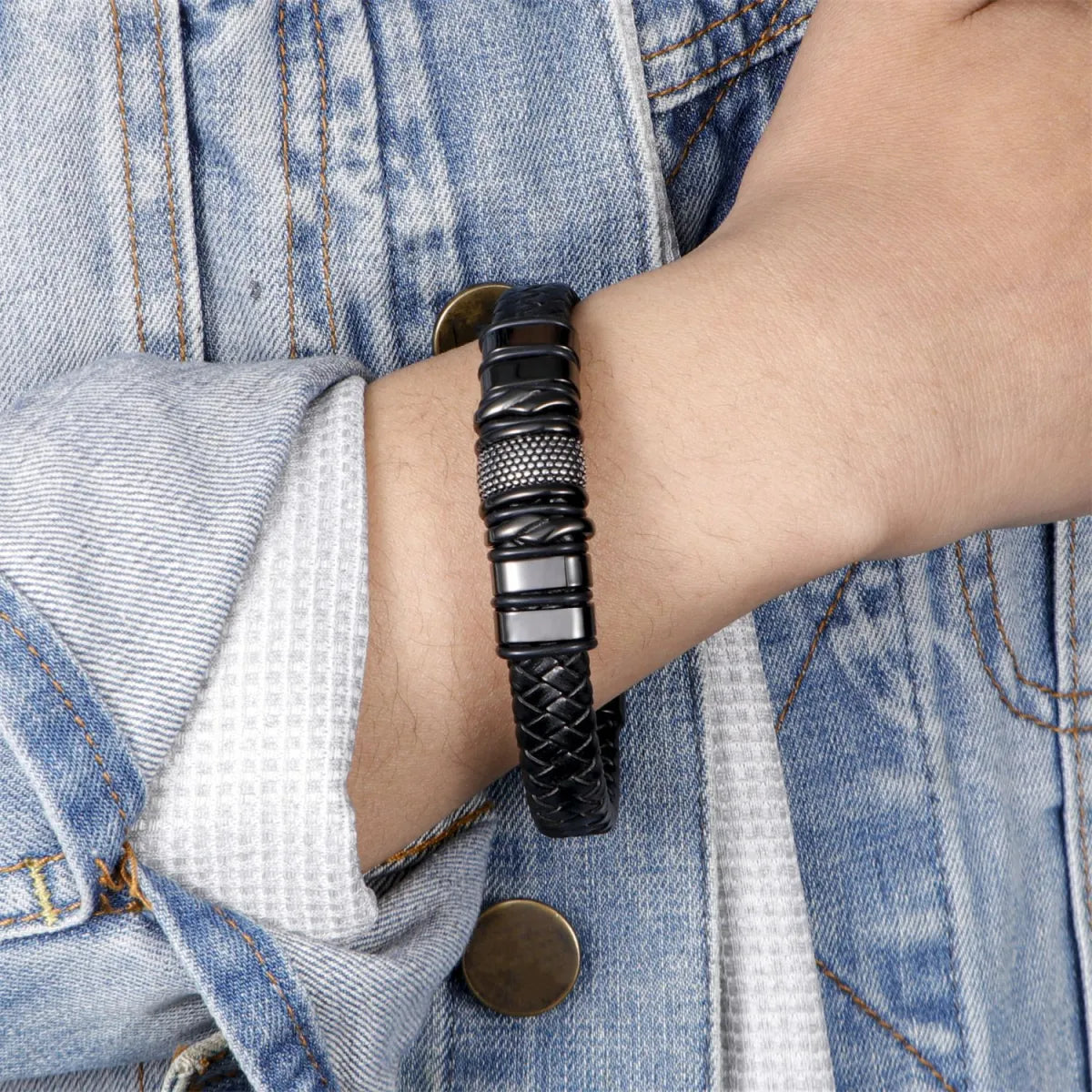 Men's Black Braided Leather Bracelet – Premium Stainless Steel Magnetic Clasp